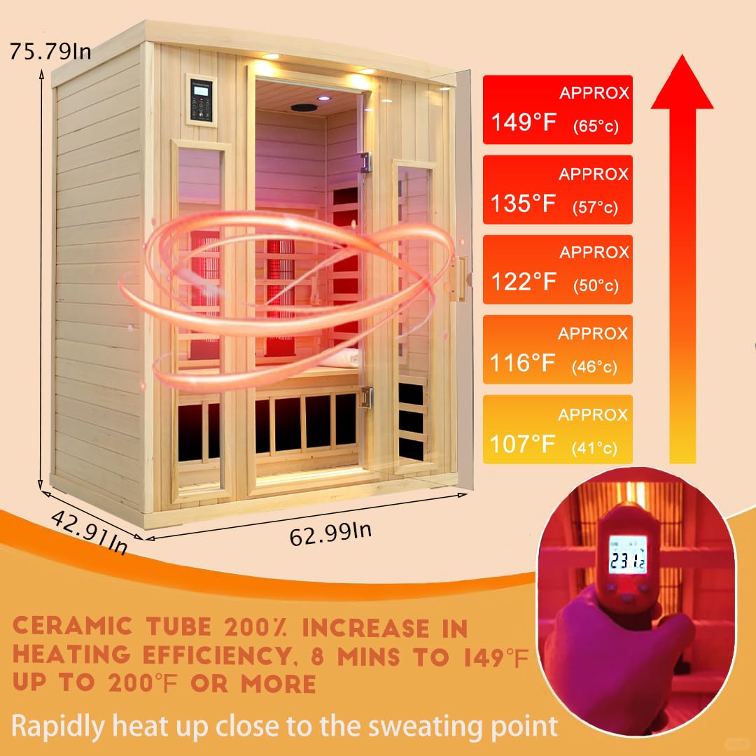 KUNSANA 3 Person Infrared Sauna, Ceramic Infrared Sauna 3 Person, Far Infrared Saunas for Home, Low EMF Infrared Indoor Sauna, Hemlock Wooded Sauna Room, Bluetooth Speakers, Chromotherapy Lights KUNSANA