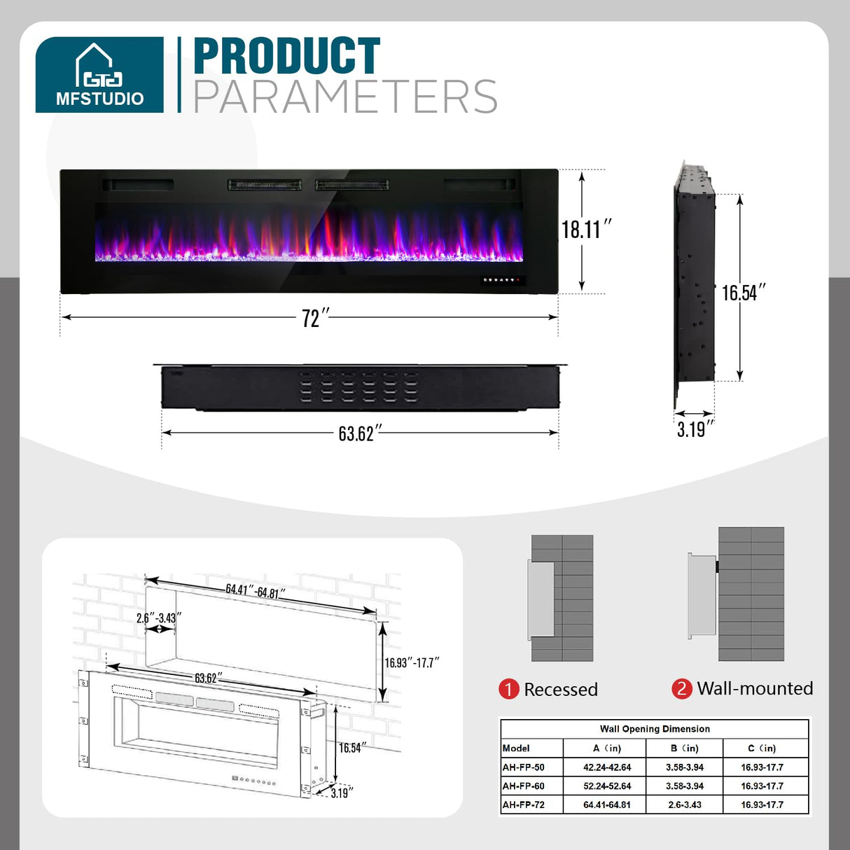 MFSTUDIO 72 inches Electric Fireplace with Remote Control & Touch Screen, Recessed and Wall Mounted Fireplace Heater, Linear Fireplace with 12 Colors Adjustable Flame Color, Timer, 750w/1500w MFSTUDIO