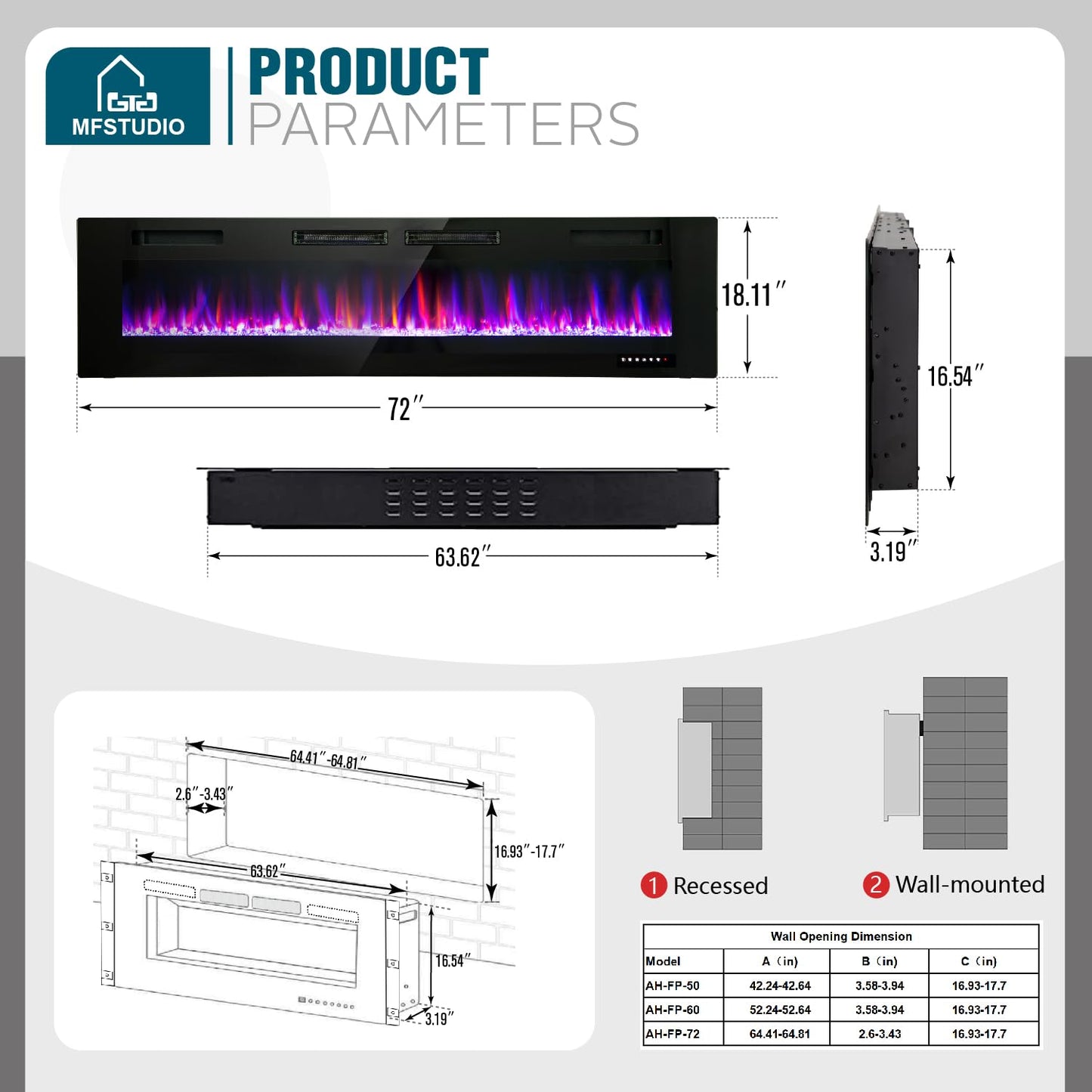 MFSTUDIO 72 inches Electric Fireplace with Remote Control & Touch Screen, Recessed and Wall Mounted Fireplace Heater, Linear Fireplace with 12 Colors Adjustable Flame Color, Timer, 750w/1500w