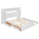 Queen Storage Bed with Bookcase Headboard, Queen Size Platform Bed with Trundle and 2 Storage Drawers, Solid Wood Queen Size Bed Frame with Cabinet and Shelf, No Box Spring Needed (White) Harper & Bright Designs
