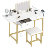 KAI-ROAD Small Makeup Vanity Desk no Mirror - Modern White Vanity Table with Wood Drawers, Padded Stool, Charging Station & Foldable Countertop, Small Computer Desk Home Office Desk for Bedroom KAI-ROAD