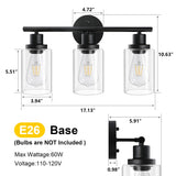 Unicozin Modern Bathroom Light Fixtures, 3 Light Vanity Lights, Black Wall Lamp with Clear Glass for Bathroom, Mirror, Living Room, Bedroom, Hallway, E26 Base Unicozin