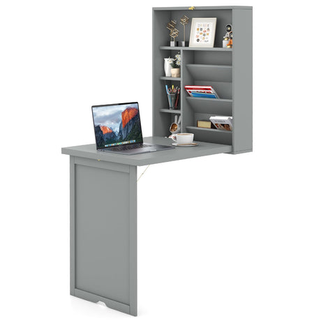 SILKYDRY Wall Mounted Desk, Fold Out Convertible Desk with Storage Shelves, Space Saving Wall Folding Table, Home Office Floating Desks for Small Spaces (Grey) SILKYDRY