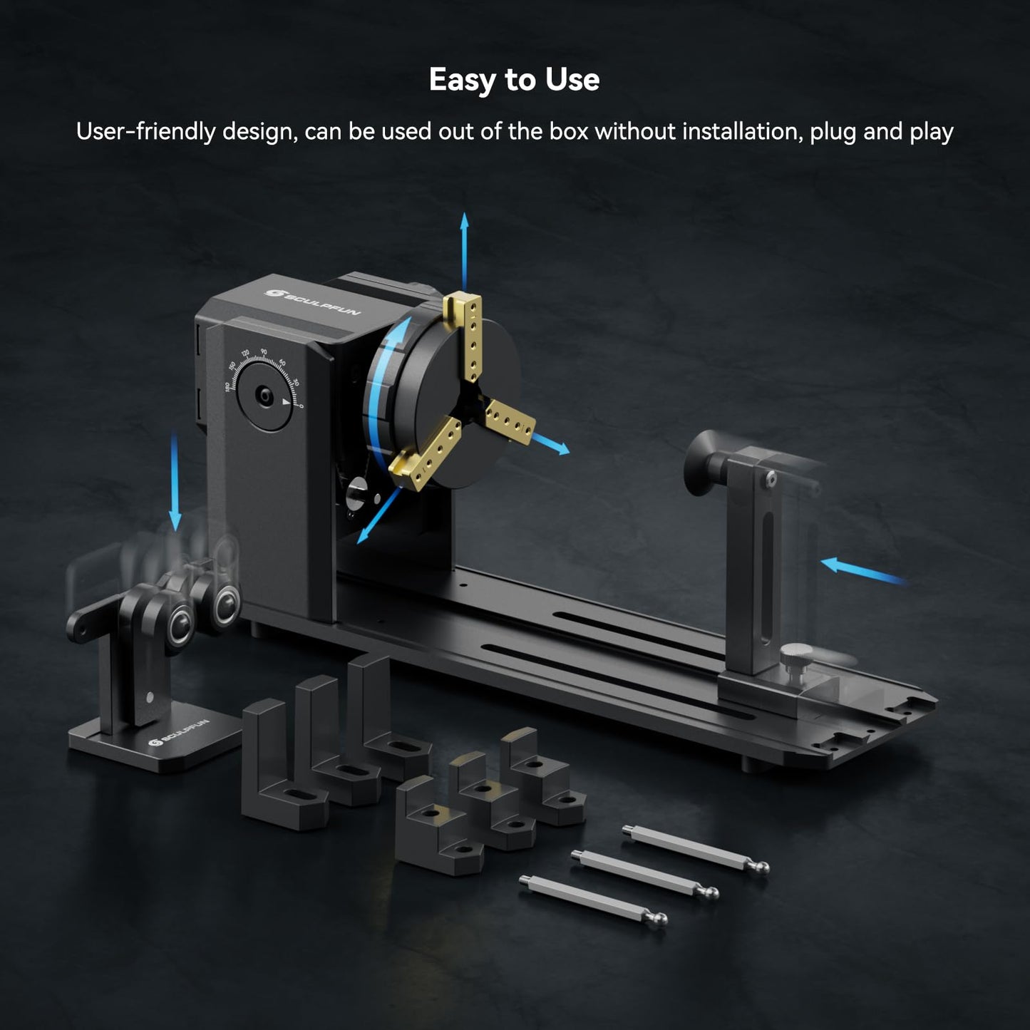 SCULPFUN RA Pro Rotary Chuck for Laser Engraver, 3 in 1 Multi-Function Laser Rotary Module with 180° Adjustable Angle, Y-axis Jaw Chuck Rotary for Engraving Cylindrical Objects,Tumbler, Ring - WoodArtSupply