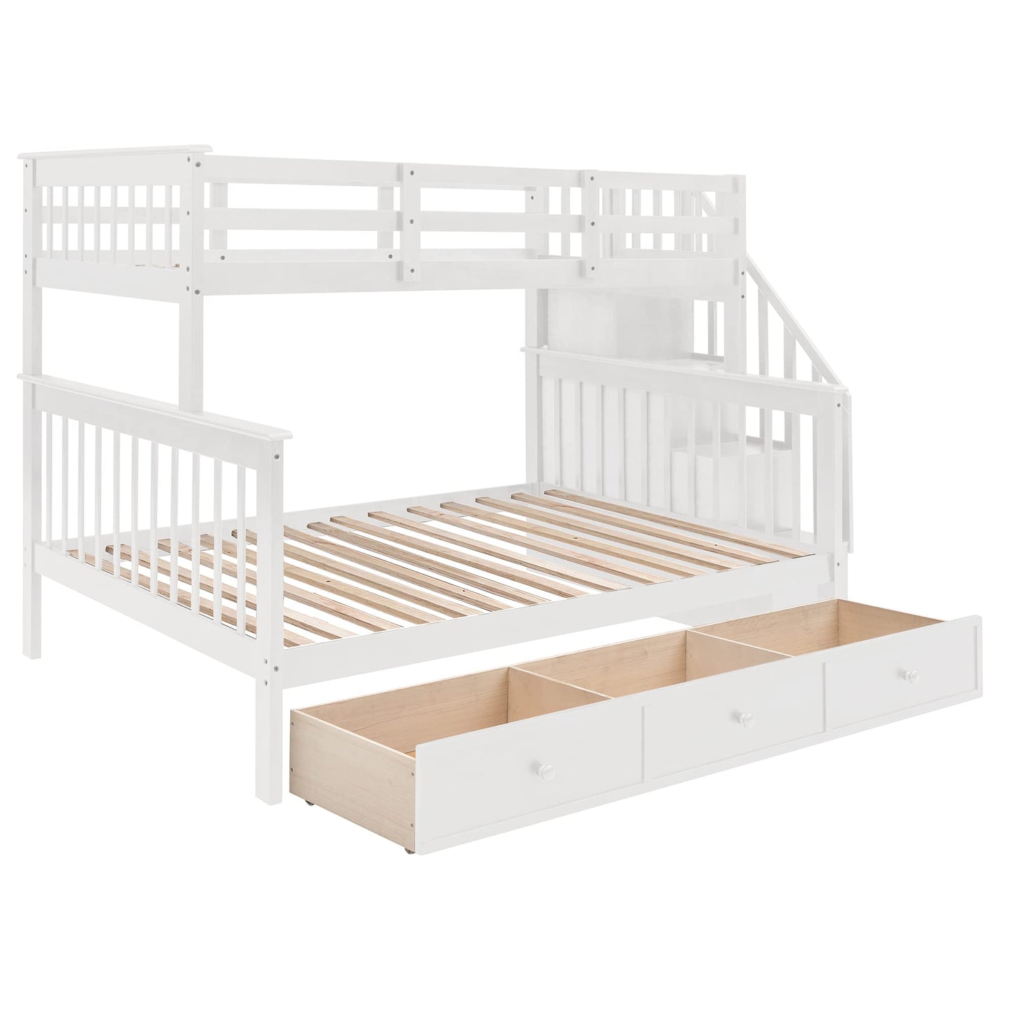 MERITLINE Twin Over Full Bunk Bed with Stairs, Storage Drawers, and Shelf - No Box Spring Needed, White - WoodArtSupply