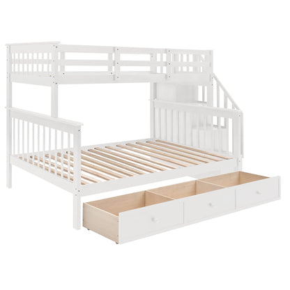 Harper & Bright Designs Twin Over Full Bunk Bed with Stairs and Storage in White - WoodArtSupply