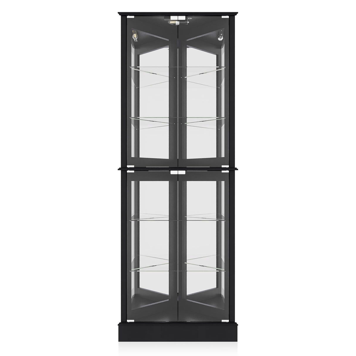 BELLEZE Lighted Corner Display Curio Cabinet Wooden Shelving Unit with Tempered Glass Door, Bar and Liquor Storage Area with 6 Shelves - Woody (Black) BELLEZE