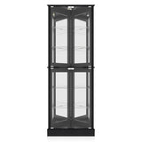 BELLEZE Lighted Corner Display Curio Cabinet Wooden Shelving Unit with Tempered Glass Door, Bar and Liquor Storage Area with 6 Shelves - Woody (Black) BELLEZE