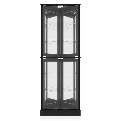 BELLEZE Lighted Corner Display Curio Cabinet Wooden Shelving Unit with Tempered Glass Door, Bar and Liquor Storage Area with 6 Shelves - Woody (Black) BELLEZE