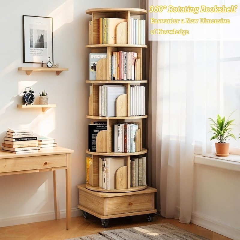 Dulamiy 6 Tier Rotating Bookshelf, 360° Display Round Spinning Bookshelf with Wheels and Drawer, Space-Saving, Small Space Rotating Book Shelf Tower for Bedroom, Living Room, Home, Office, Wood Color Dulamiy