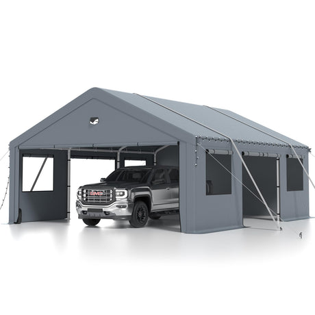 Carports 20X20 Heavy Duty，2 Car Carport with Side Doors，Extra Large Outdoor Carport Canopy，Portable Car Port Garage All Weather Sannwsg