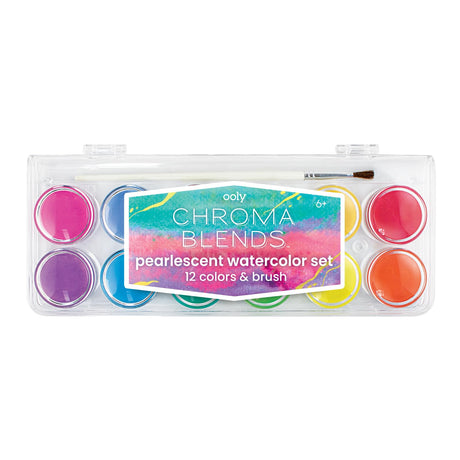 Ooly Chroma Blends Pearlescent Watercolor Set, 12 Colors, Watercolor Pack for Creative Kids and Adults, Vibrant Colors in a Portable Case, Art Supplies for Ages 6 and Up, Brush Included OOLY
