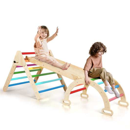 Hoohtoot 5 in 1 Climbing Toys for Toddlers Inside: Rainbow Pikler Triangle Set with Climber Arch Slide Ramp - Pickler-3 Piece Climbing Gym Montessori Wooden Toys Birthday Gifts for Boys Girls