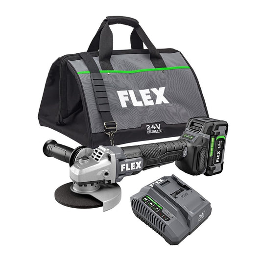 FLEX 24V Brushless Cordless 5-Inch 10,000 RPM Variable Speed Paddle Switch Angle Grinder Kit with 5.0Ah Lithium Battery and 160W Fast Charger - FX3171A-1C - WoodArtSupply