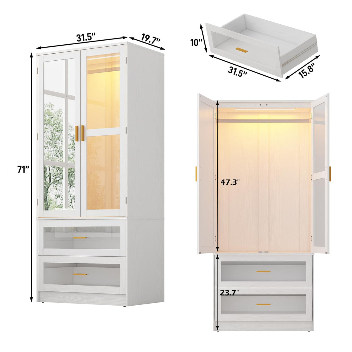 2 Doors Armoire Wardrobe Closet with LED and Mirror,71" H Freestanding Wooden Wardrobe Closet Cabinet for Bedroom w 2 Drawers,Wooden Clothing Storage Cabinet w Hanging Rod,Closets for Bedroom(White) chartustriable