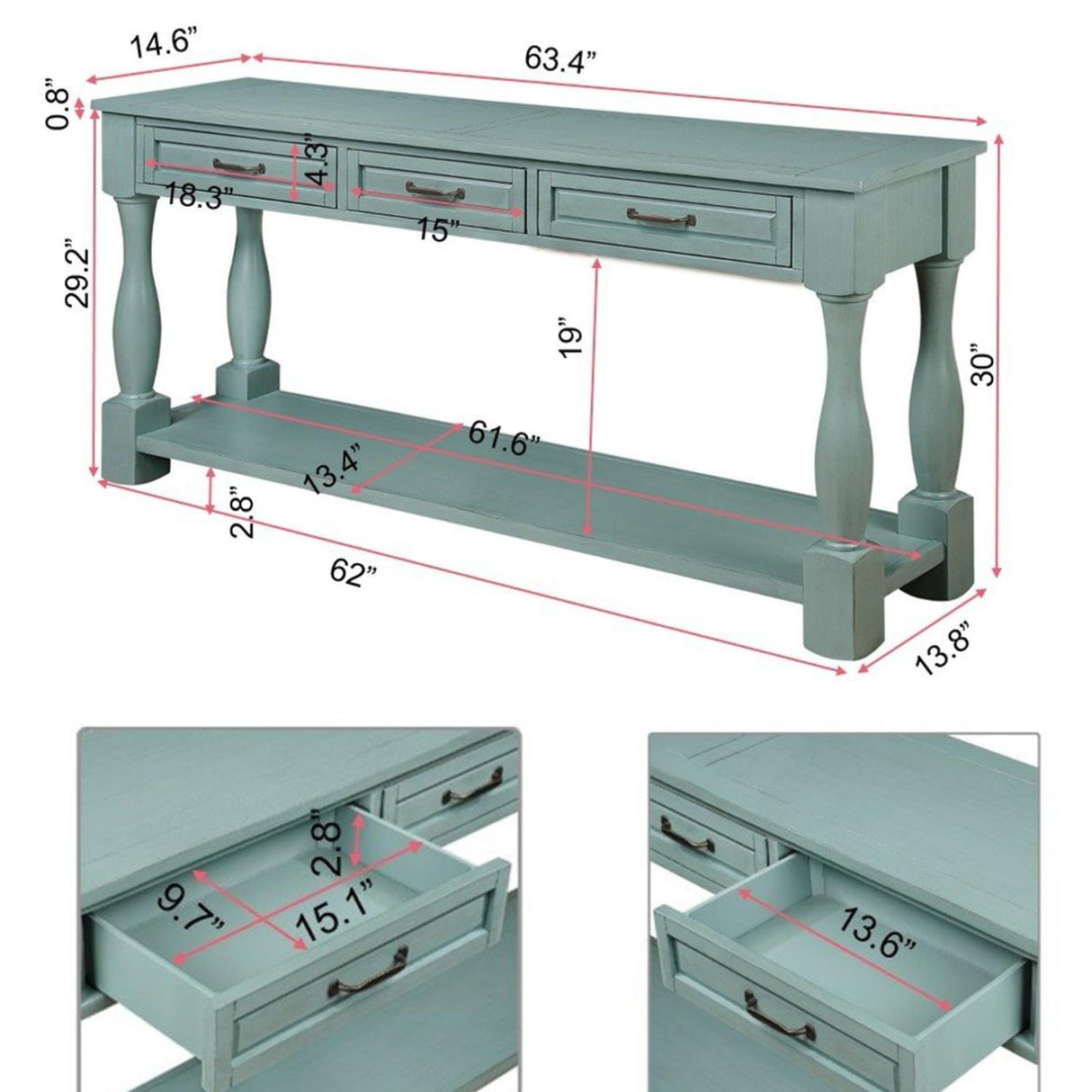 LKTART Solid Wood Console Table Sofa Table Entryway Table with 3 Drawers and 1 Bottom Shelf for Storage Entry Hallway Foyer Sofa (63" Retro Green) LKTART