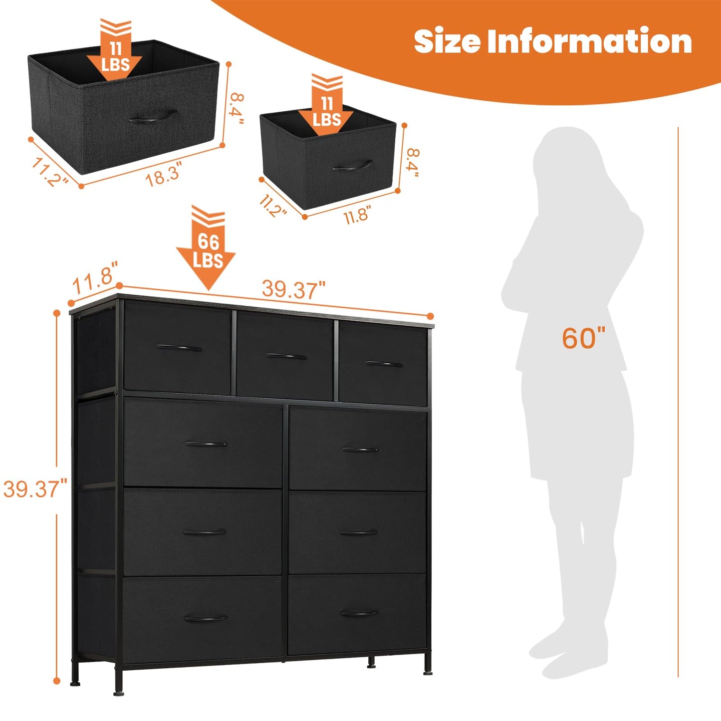 Sweetcrispy Dresser for Bedroom, Tall Chest Organizer Units, 9 Fabric Drawers for Clothing, Closet, Storage Tower with Cabinet, Metal Frame, Wooden Top, Lightweight Nursery Furniture, Black