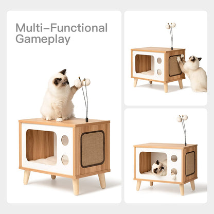 Cat House Wooden Condo Cat Bed Indoor TV-Shaped Sturdy Large Luxury Cat Shelter Furniture with Cushion Cat Scratcher Bell Ball Toys - WoodArtSupply