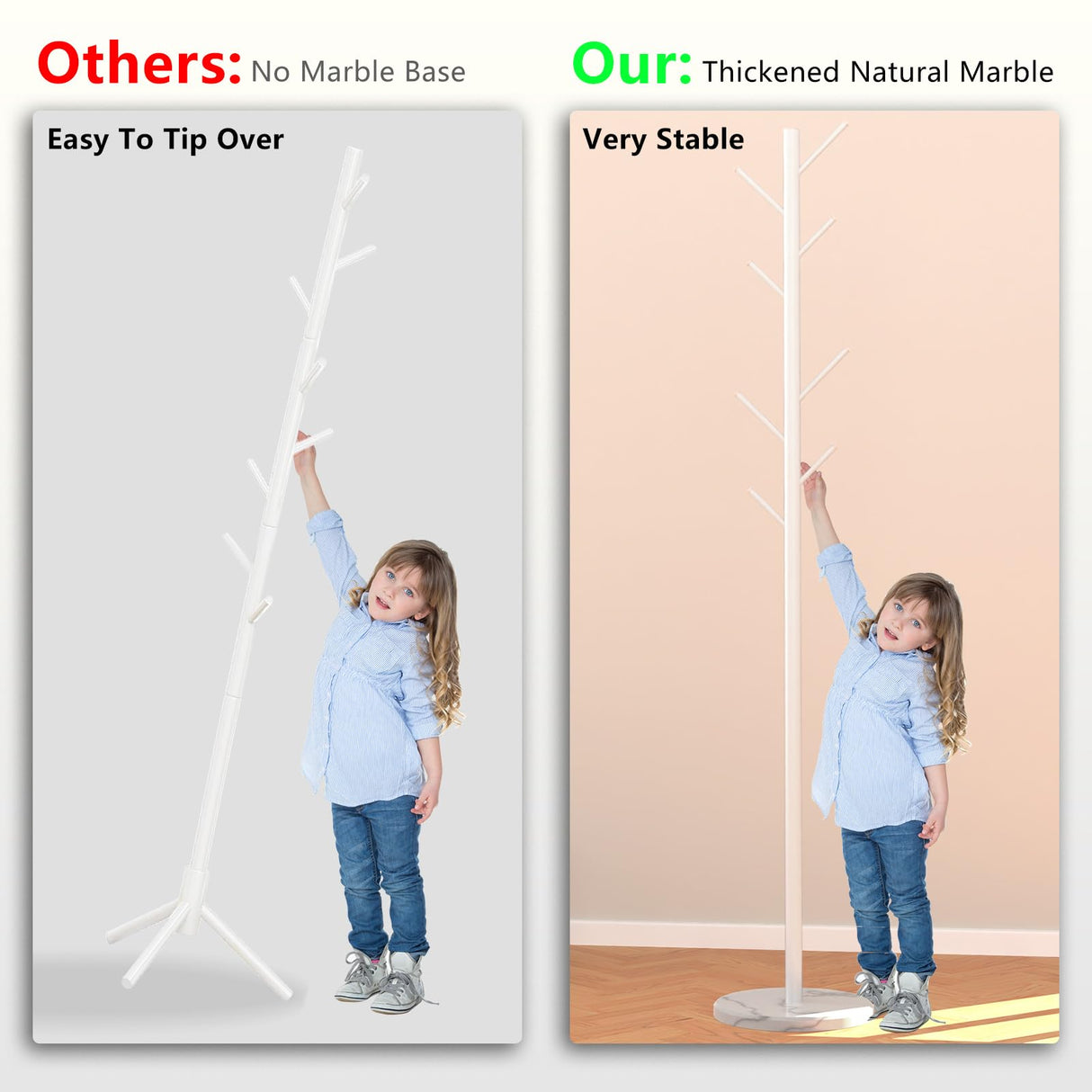 Heavy Duty Coat Rack with Natural Marble Base, Freestanding Metal Coat Stand with 8 Hooks, Modern Stable Coat Hanger Tree for Bags, Jacket, Clothes, and Hats, White Metal Durmmur