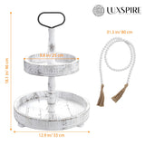 Luxspire Tiered Tray Stand, 2 Tiered Tray Decor with Wooden Beads Garland, Farmhouse Decorative Tray, 2 Tier Serving Tray for Coffee Bar Kitchen Island, Christmas Decor, Rustic White Luxspire