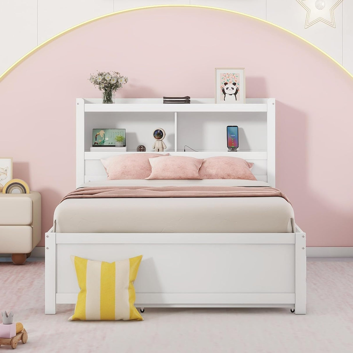 Harper & Bright Designs Full Size Bed with Bookcase Headboard, Wooden Full Size Platform Bed with Trundle and Storage Drawers,Full Storage Bed with USB Ports Outlets for Kids Girls Boys, White Harper & Bright Designs