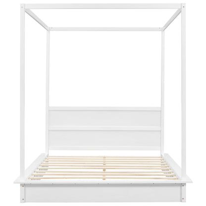 Modern Queen Size LED Canopy Bed in White with Easy Assembly and No Box Spring Needed - WoodArtSupply