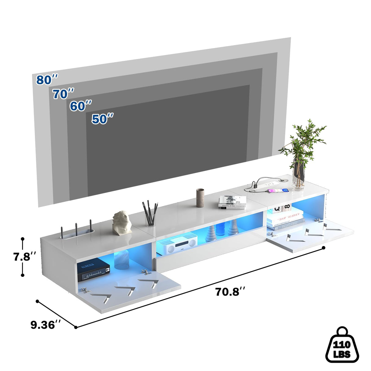 ANTISTA Floating TV Stand, 71" Floating Entertainment Center Wall Mounted,Floating Wall Mounted TV Shelf with Led Lights and Power Outlet,Modern High Gloss tv Cabinet Media Console with Storage ANTISTA