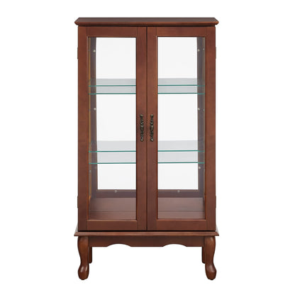 LOPOO Wooden Lighted Curio Display Storage Cabinet with 3-Tier Adjustable Shelves, Mirrored Back Panel, Tempered Glass Doors, Magnetic Door Closures, Floor Mount, Classic Style, Walnut - WoodArtSupply