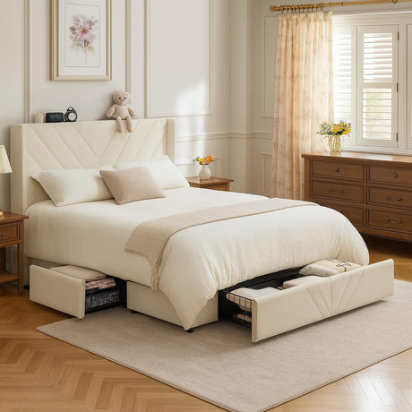 COMHOMA King Size Metal Bed Frame with Upholstered Headboard,Storage Drawers,USB & Type-C Charging Ports,No Box Spring Needed,White COMHOMA