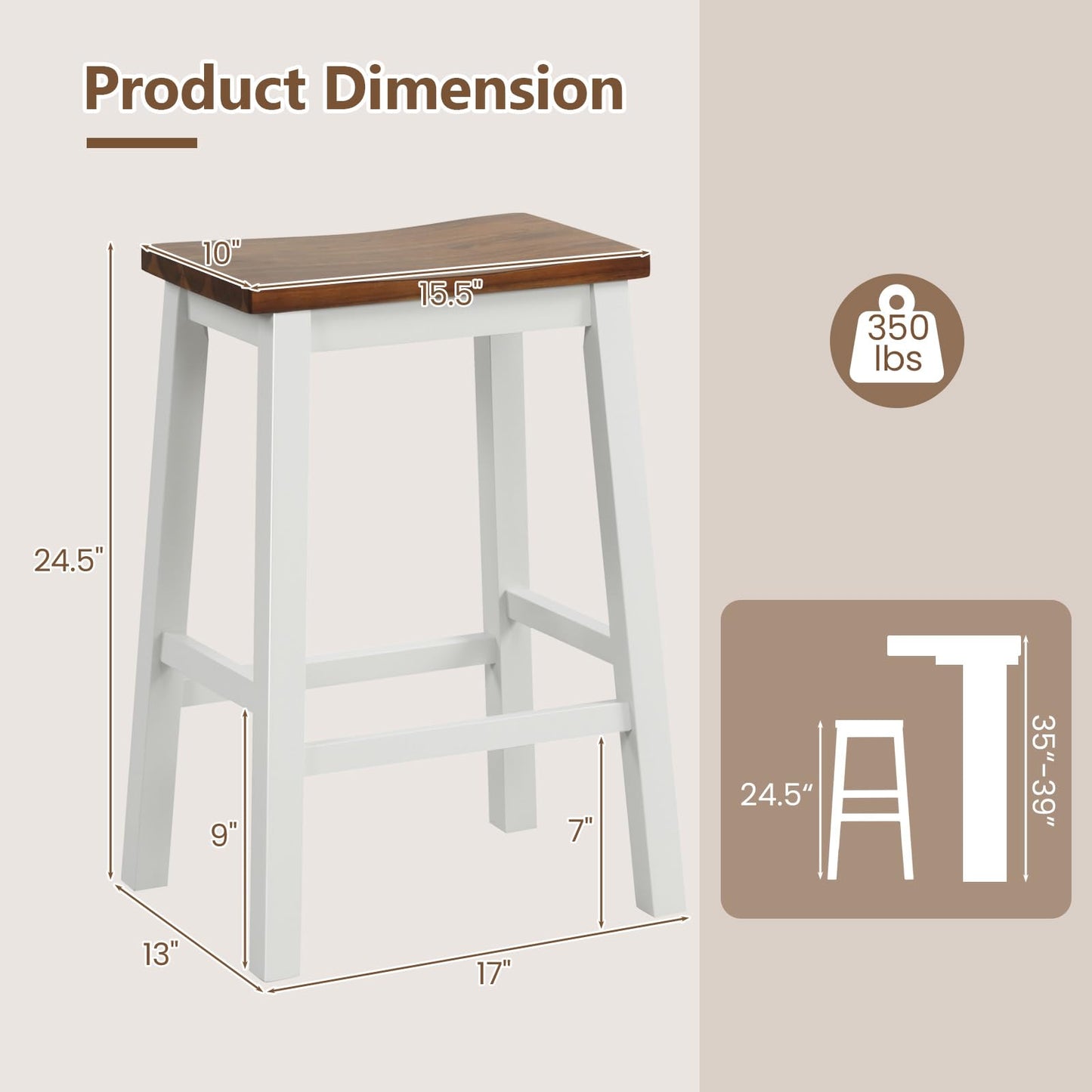 COSTWAY 24.5 Inch Bar Stools Set of 2, Solid Wood Saddle Stools w/Footrests, Industrial Counter Height Breakfast Stools for Kitchen Island, Dining Room, Living Room & Bar, White & Walnut