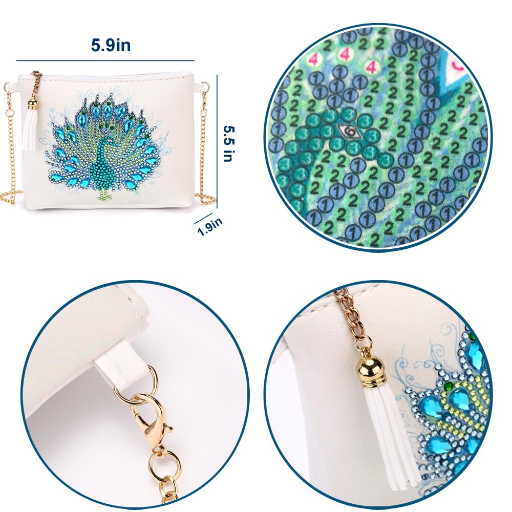 2 Pcs Diamond Painting Crossbody Bag, DIY 5D Diamond Painting Handbag Kit with Chain and Tassel, Bling Rhinestone Makeup Shoulder Bag for Woman, DIY Craft Gift, Peacock JBTM24