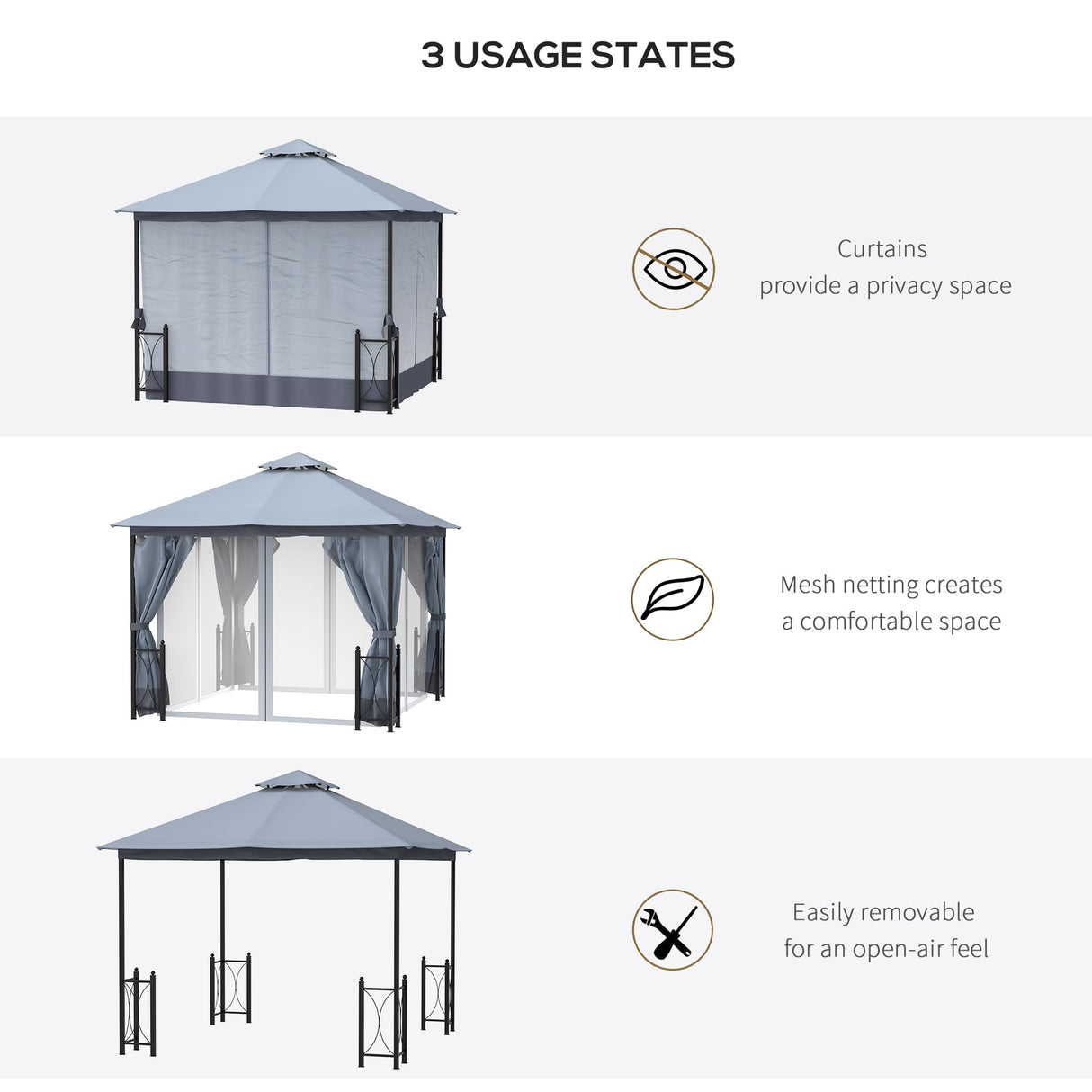 Outsunny 11' x 13' Patio Gazebo, Double Roof Outdoor Gazebo Canopy Shelter with Netting & Curtains, Steel Corner Columns for Garden, Lawn, Backyard and Deck, Gray Outsunny