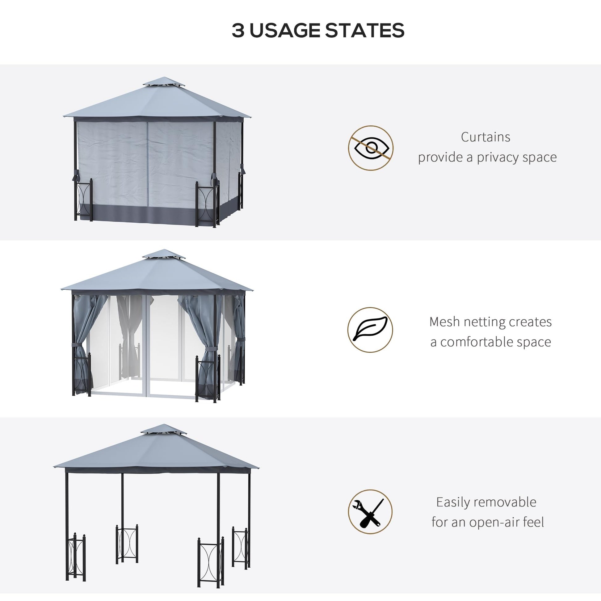 Outsunny 11' x 13' Patio Gazebo, Double Roof Outdoor Gazebo Canopy Shelter with Netting & Curtains, Steel Corner Columns for Garden, Lawn, Backyard and Deck, Gray - WoodArtSupply