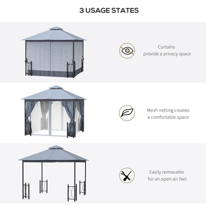 Outsunny 11' x 13' Patio Gazebo, Double Roof Outdoor Gazebo Canopy Shelter with Netting & Curtains, Steel Corner Columns for Garden, Lawn, Backyard and Deck, Gray - WoodArtSupply