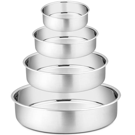 Cake Pan Set - 4”, 6”, 8”, 9.5”, P&P CHEF 4 Piece Round Baking Cake Pans Tin Stainless Steel, Oven/Pot/Dishwasher Safe, Heavy Duty & Non Toxic, Mirror Finish & Easy Clean P&P CHEF