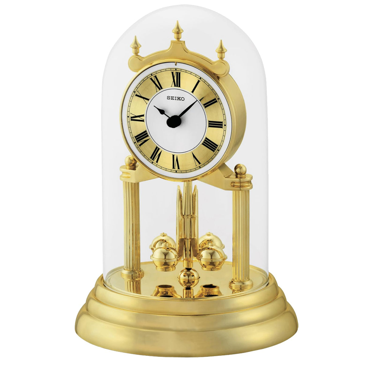 SEIKO 9 Inch Anniversary Mantel Clock with Glass Dome & Rotating Pendulum Seiko