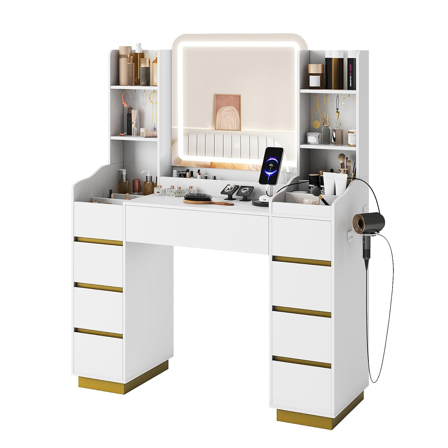 Vabches Large Makeup Vanity with 9 Drawers, Vanity Desk with Mirror and Lights,White and Gold Vanity Table with Charging Station for Bedroom