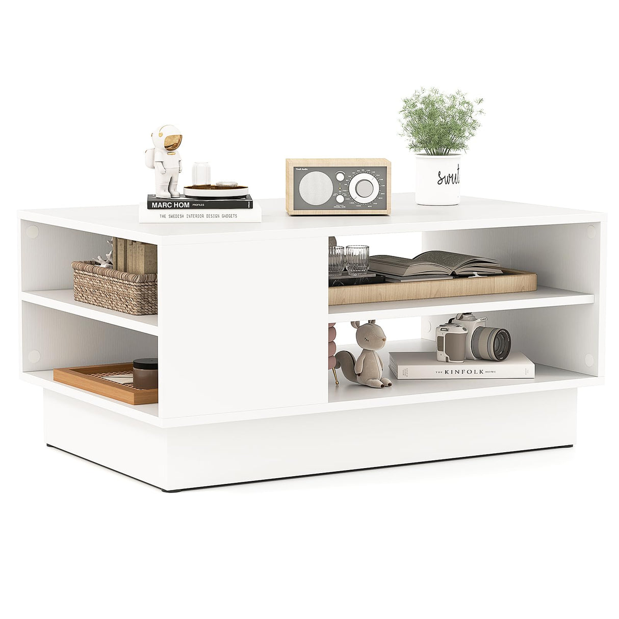 Giantex Coffee Table with Storage, Rectangle Accent Sofa Table with Shelf & Elevated Base, 2-Tier Modern Cocktail Table, Geometric Center Table for Living Room, Reception Room, Lounge, White Giantex