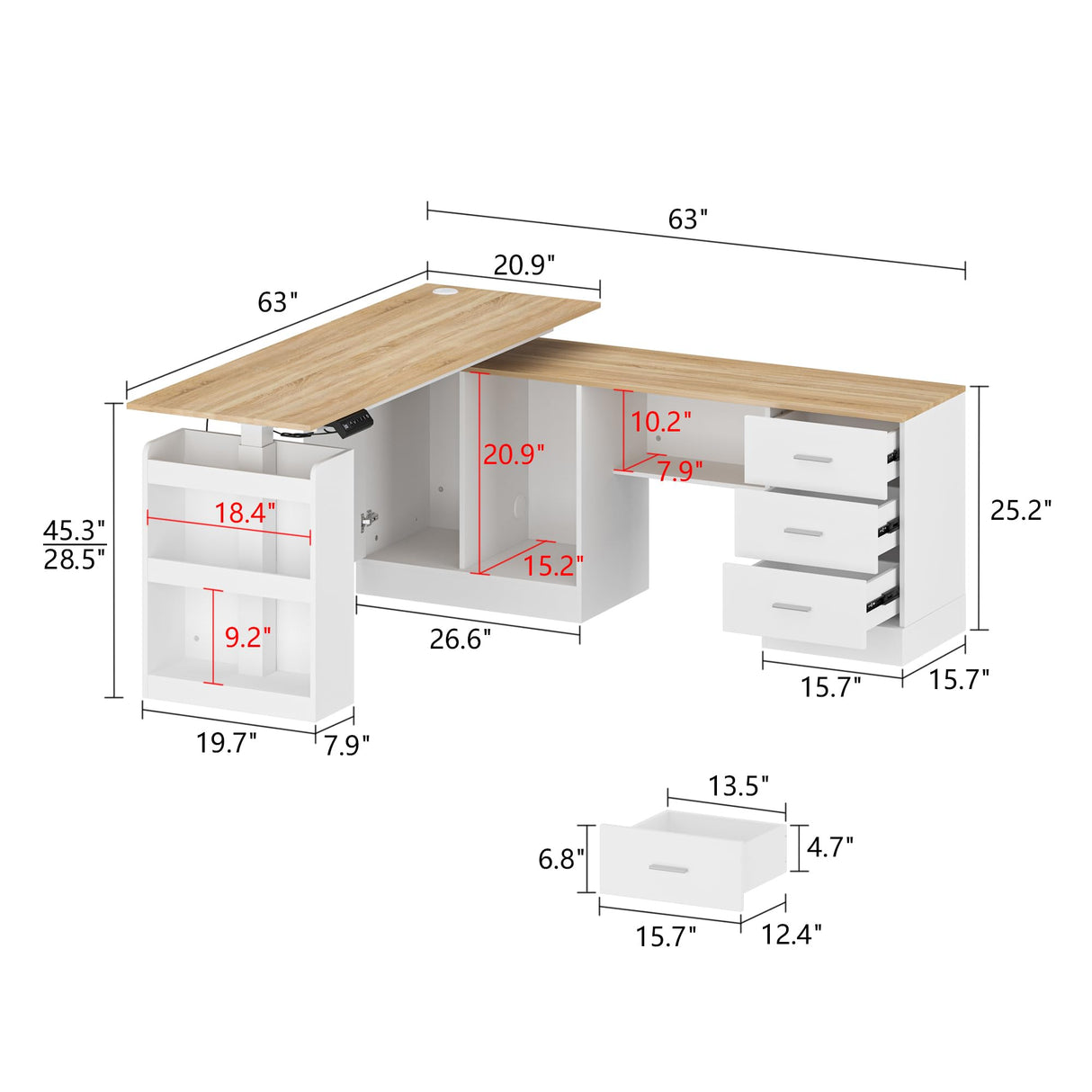MOUMON L Shaped Standing Desk with Drawers and Shelves, Executive Desk Adjustable Height Desk, L-Shaped Design, 63 inch Tabletop, for Office Bedroom Oak and White (63”W x 63”D x 28.5-45.3”H) MOUMON