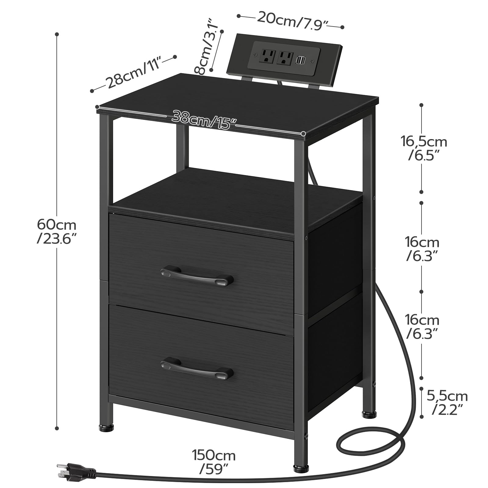 HOOBRO Nightstand with Charging Station, Bedside Table with LED Lights and 2 Fabric Drawers, End Table with Outlets and USB Ports, Small Night Stand for Bedroom, Black BB118UDBZ01 - WoodArtSupply