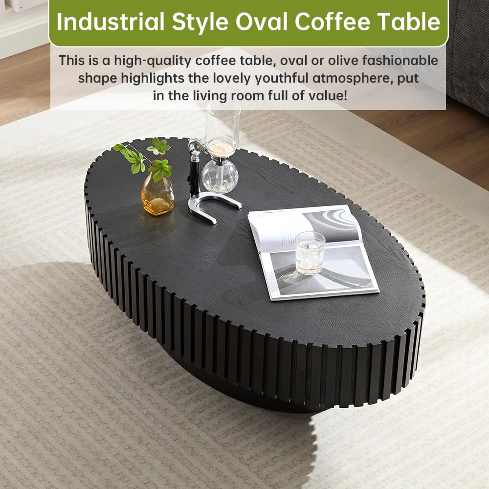 Drum Oval Coffee Table Black Wood Coffee Table Mid Century Rustic Coffee Table Irregular Elliptical Coffee Table Olive Pedestal Coffee Table for Farmhouse Living Room (Black, 44*24*14 inch) WUPDPQS