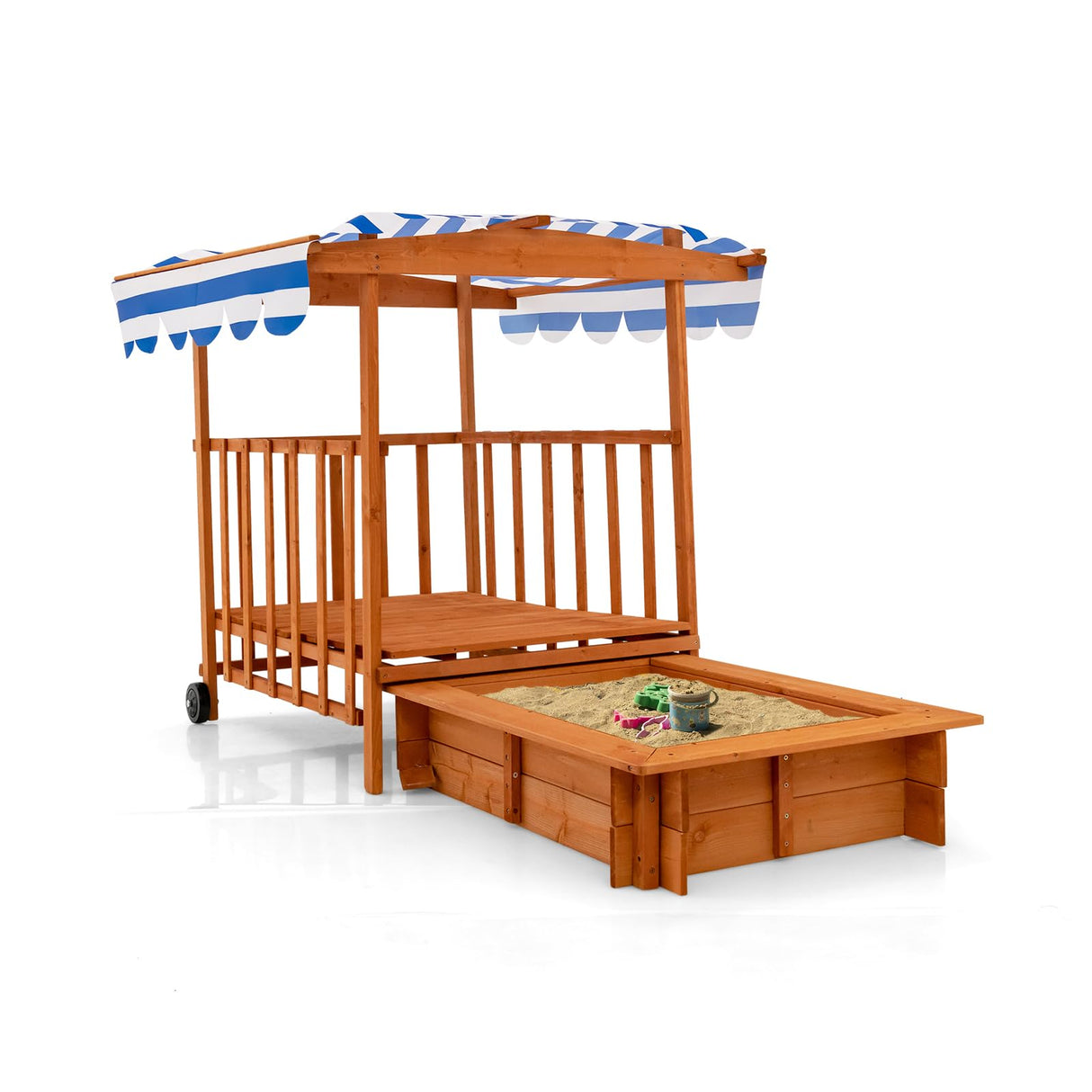 INFANS 3 in 1 Kids Sandbox with Canopy and Cover Rear Wheels Guardrails, Wooden Cedar Cabana Sandbox Playhouse for Outdoor Beach Backyard Lawn Garden Play Home Children Playset Sandpit INFANS