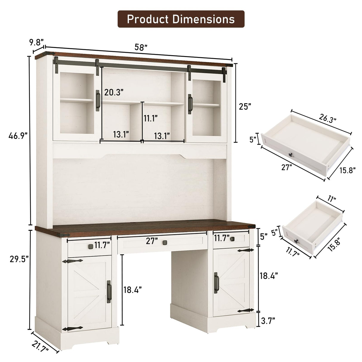 Hlivelood 76" Height Farmhouse Desk with Sliding Door Hutch, Wood Office Executive Workstation Computer Desk with Charging Station, Drawers and Storage Cabinet, for Work, Sturdy, Game, Rustic White Hlivelood