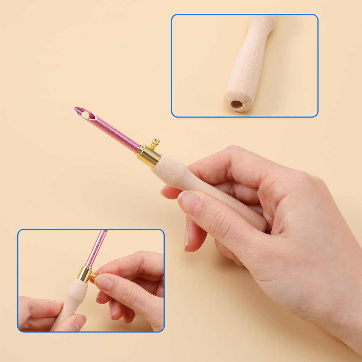 COMNICO 10 Pcs Punch Needle Kit, Punch Embroidery Kit Adjustable Punch Needle Tool with 7 Sizes Needle Heads Sewing Art Needle Tool Wooden Handle Embroidery Pen for Flossing Cross Stitch DIY Craft COMNICO