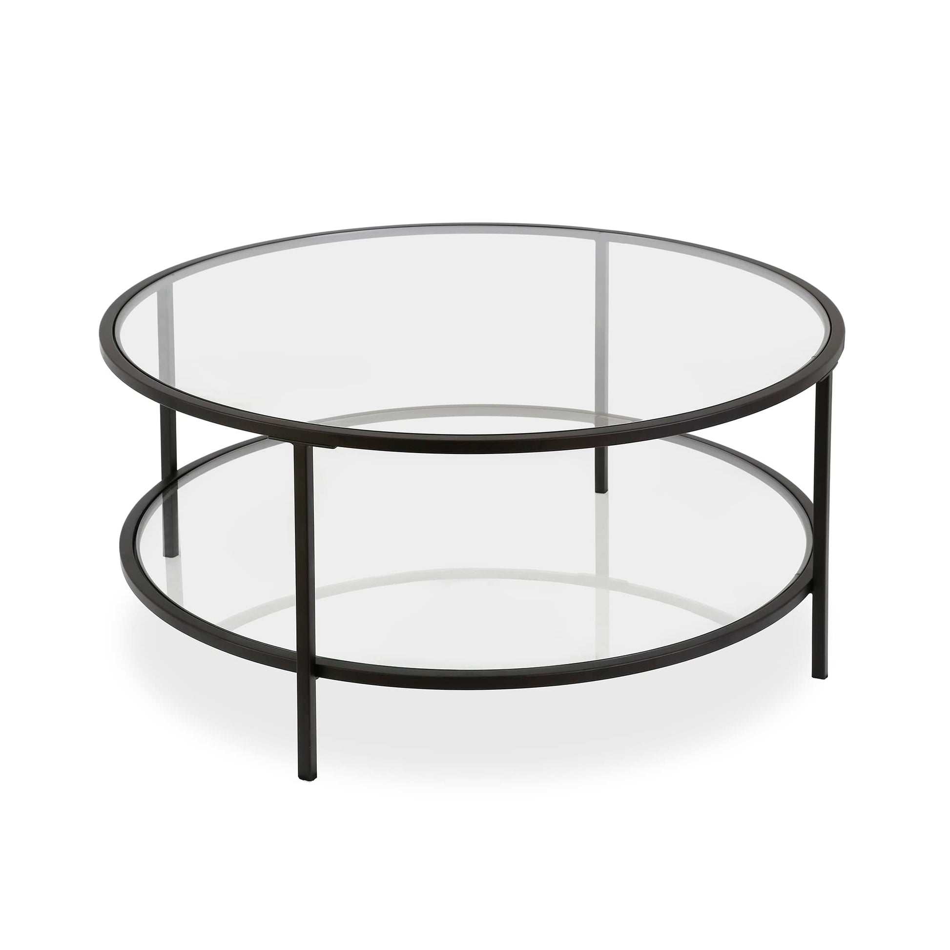 Henn&Hart 36" Wide Round Coffee Table with Glass Top in Blackened Bronze, Modern coffee tables for living room, studio apartment essentials - WoodArtSupply