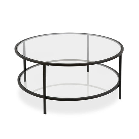 Henn&Hart 36" Wide Round Coffee Table with Glass Top in Black, for Home, Living Room, Bedroom, Entertainment Room, Office Henn&Hart