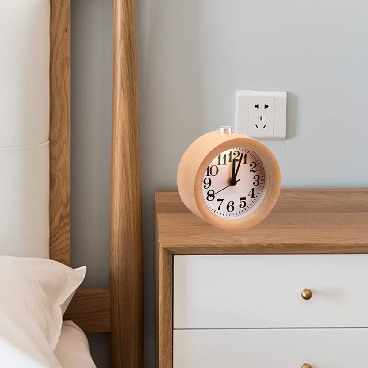 EC VISION Handmade Classic Small Round Silent Table Snooze Beech Wood Alarm Clock with nightlight EC VISION