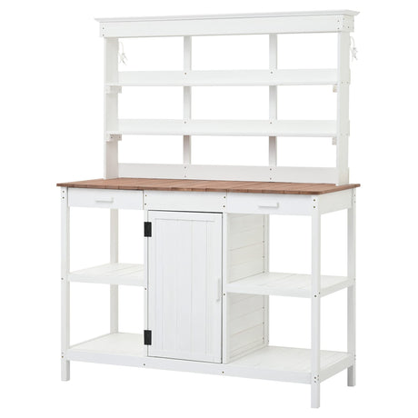 66" Large Outdoor Farmhouse Wooden Potting Bench Table, Garden Workstation with 2 Drawers, Cabinet and Open Shelves for Backyard, Mudroom (White/Outdoor#) CKLMMC