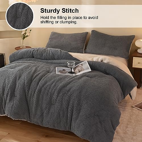 LLanCL 3D Jacquard Design Comforter Set, Ultra-Soft Warm Queen Size Sherpa Fur Plush 3-Pieces Sets Luxury Cozy Bedding with 2 Pillowcases (90"x90", Grey) LLanCL