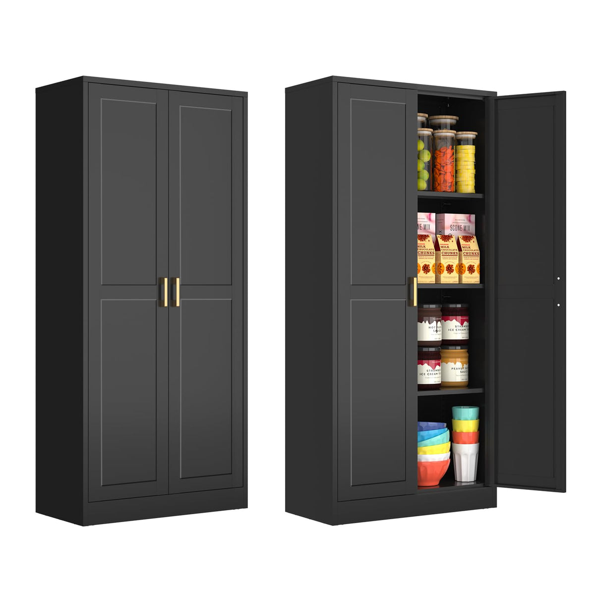 Polup 60 Inch Tall Pantry Cabinet, Metal Kitchen Storage Cabinet with Doors and Shelves, Black Cupboard for Food Storage, Freestanding Cabinet for Living Room, Dining Room - Assembly Required Polup